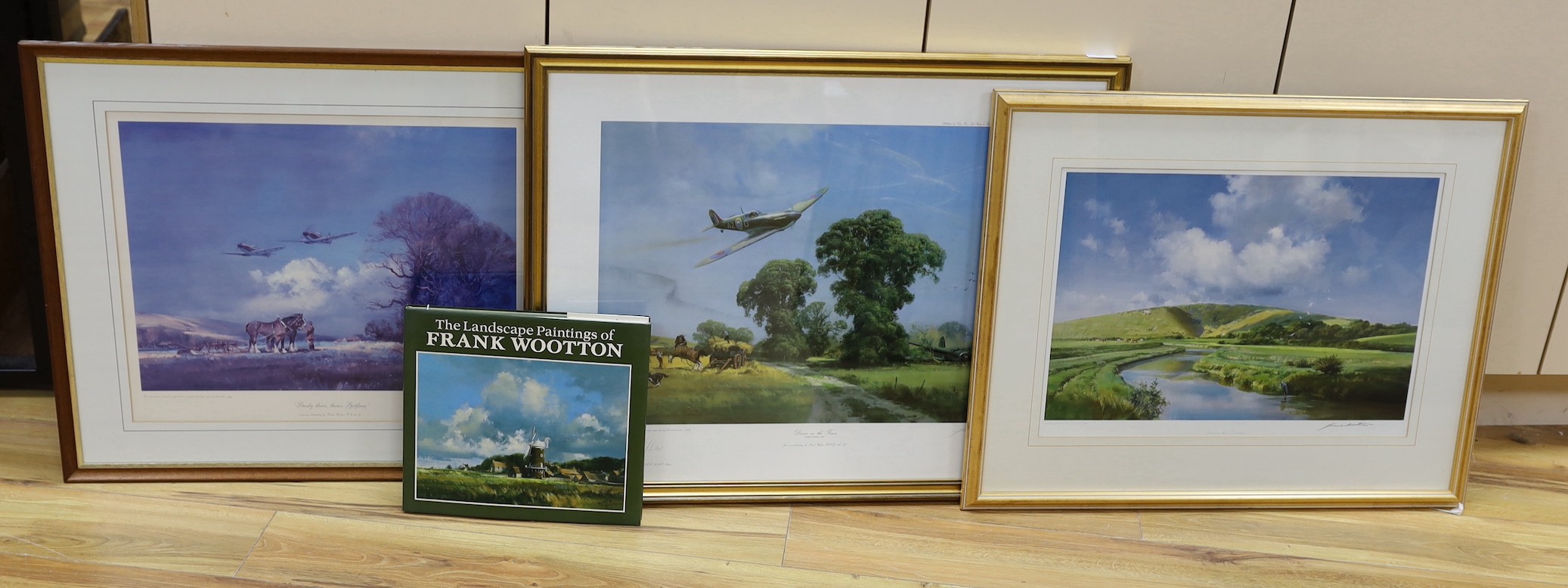 Frank Wooton, three limited edition prints; ‘Steady There, Them’s Spitfires’, 183/630, signed in pencil, 44 x 53cm, ‘Down on the Farm’, 839/1000, signed in pencil, 58 x 74cm, and ‘Under the Downs’, 22/850, signed in penc
